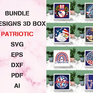 Paquete PATRIÓTICO 4 de julio Caja 3D Corte de papel Caja de luz Caja de sombras Svg Cricut Archivo Corte Cricut Día de la Independencia Corte de papel de sombra