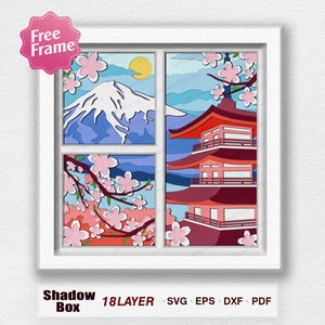 日本のパゴダ窓シャドウボックスSVG、日本の桜の3Dボックス、日本の風景ライトボックス、Cricutファイル用、日本の寺院の装飾