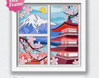 May include: A layered papercraft design of a Japanese pagoda with cherry blossoms and Mount Fuji in the background. The design is framed in a white window with the text "Shadow Box 18LAYER" below.