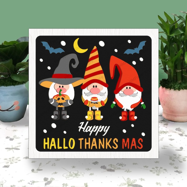 HalloThanksMas 3D Box Paper Cut, HalloThanksMas Box Svg, Merry Christmas Shadow Box, Svg For Cricut File, Cardstock Svg, Happy Halloween svg
