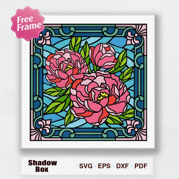 Peony Stained Glass Shadow Box Svg, Peony Stained Glass 3D Box, Stained Glass 3D Box, For Cricut, Peony 3D Box, Flower Peony, Stained Glass