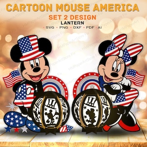 Patriotic Cartoon Mouse Lantern Bundle SVG | 4th of July Paper Cut Set of 2 | USA Independence Light Box for Cricut & Glowforge /K433