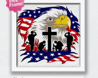 US Eagle Soldier Kneeling Shadow Box Svg,US Eagle Svg,US Soldier  3D Box,For Cricut File,American Soldier svg,Independence Day,Soldier Decor