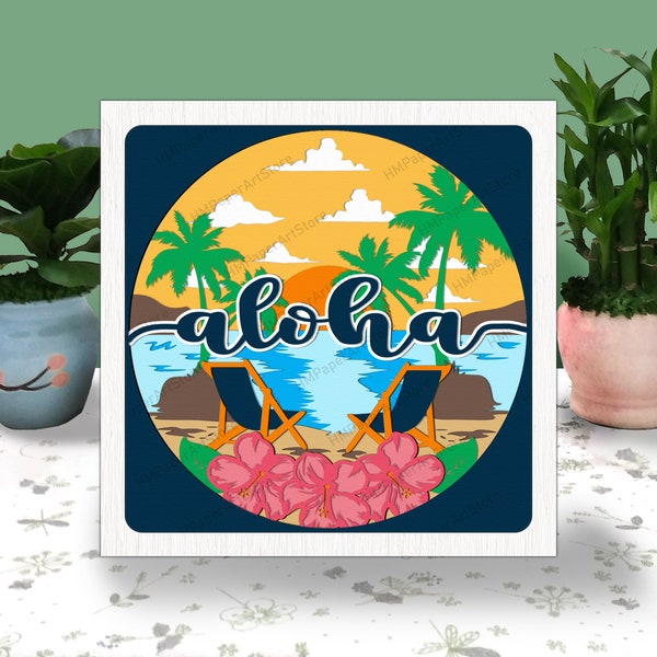 ALOHA Summer 3D Box Paper Cut Light Box Svg, Summer Hawaiian Shadow Box Svg Cricut File Cutting Cricut, Summer Sunset Shadow Paper Cut