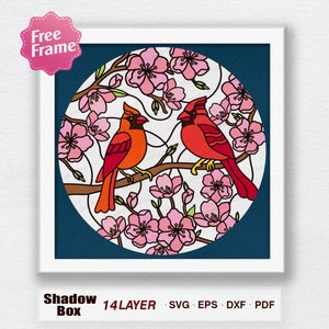 Kardinalvogel Paar Glasmalerei Shadow Box svg, Vogel Paar svg, Buntglas 3D Box, für Cricut, Shadow Box Geschenk, Vogelpaar SVG