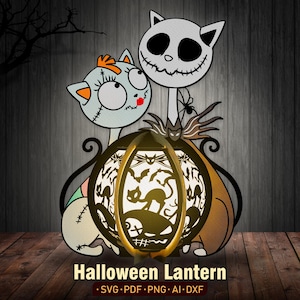 Caja de sombras de pesadilla de gato, linterna de Halloween SVG para Cricut, linterna de Jack Skellington, caja de sombras de Halloween, decoración de Halloween, linterna de pesadilla