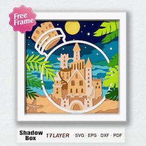 Mason Sand Castle Shadow Box Svg, Castle 3D Box, Sand Castle 3D Svg, Mason Sand svg, For Cricut File, Palm Tree svg, Mason Sand Castle decor