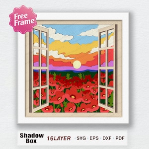 Champ de fleurs de pavot 3D Shadow Box Svg, boîte d'ombre de champ de fleurs, caisson lumineux de champ de fleurs, pour Cricut, boîte 3D de fleurs de pavot, fleur de pavot SVG