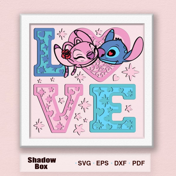 Love Shadow Box, Lilo et Stitch Shadow Box, Stitch Shadow Box Svg, cadeau Saint-Valentin, décoration Saint-Valentin, Stitch svg, svg de la Saint-Valentin