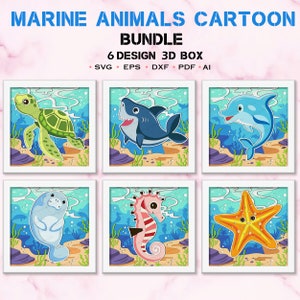 Bundle Marine Animals Cartoon Shadow Box Svg, Marine Animals 3D Box, Marine Animals Shark svg, For Cricut File, Marine Animals Cartoon Decor