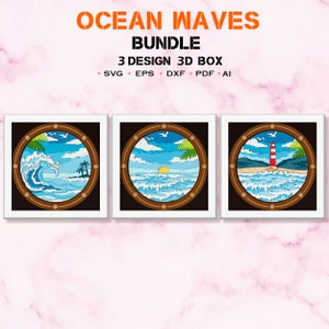 Paquete Ocean Waves Shadow Box Svg, Lighthouse 3D Box, Ocean Waves Light Box svg, Para archivo Cricut, Decoración del mar, Verano svg, Ocean Waves SVG