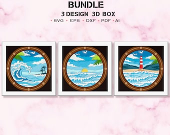 Bundle Ocean Waves Shadow Box Svg, Lighthouse 3D Box, Ocean Waves Light Box svg, For Cricut File, Sea Decor, Summer svg, Ocean Waves SVG
