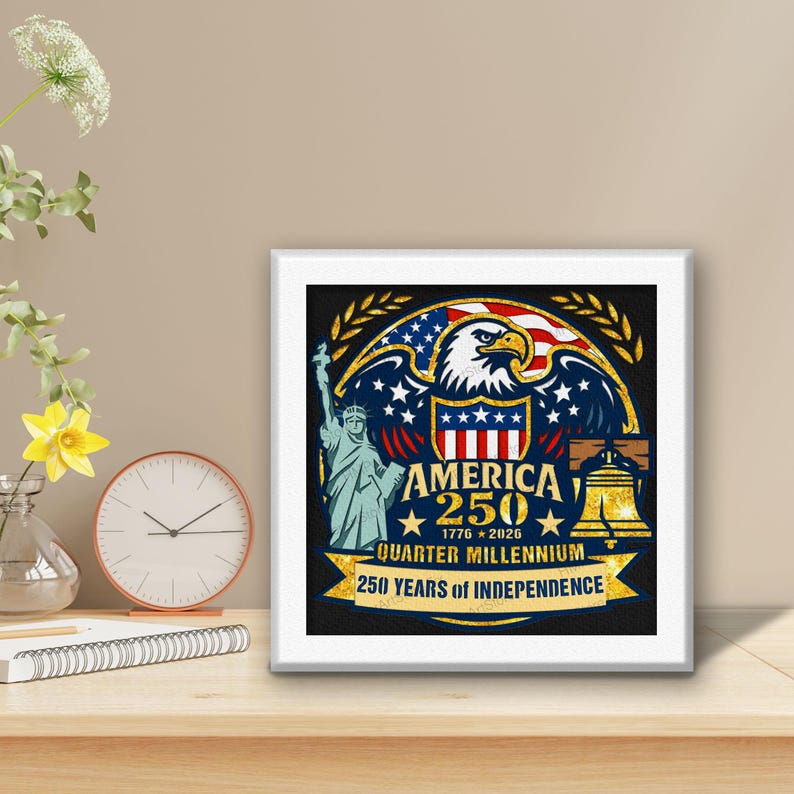 Pode incluir: Impress&atilde;o emoldurada com um design patri&oacute;tico que celebra o 250&ordm; anivers&aacute;rio da Am&eacute;rica. A obra de arte apresenta uma &aacute;guia, a Est&aacute;tua da Liberdade e o Sino da Liberdade, com o texto "America 250 Quarter Millennium 250 Years of Independence."