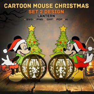 Dessin animé souris couple Noël lanterne SVG Cricut, boîte d'ombre de Noël, lanterne de Noël de souris, lanterne de souris, décoration de Noël, papier de lanterne