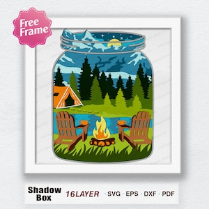 Mason jar Camping 3D Shadow Box Svg,Tent Campsite Shadow Box, Camping svg, Mason jar svg, Para archivo Cricut, Regalo Shadow Box, Decoración de camping