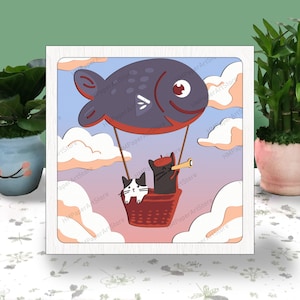 Pescado globo aerostático 3D caja papel cortado pescado globo aerostático caja de luz svg decoración de vivero caja de sombras svg para archivo cricut arte de cartulina en capas
