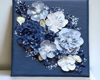 Come Down in Time I - Small 5x5" - 3D Acrylic Flower Painting Floral Composition - Roses Blue White Navy - Home Decor - Wedding Gift