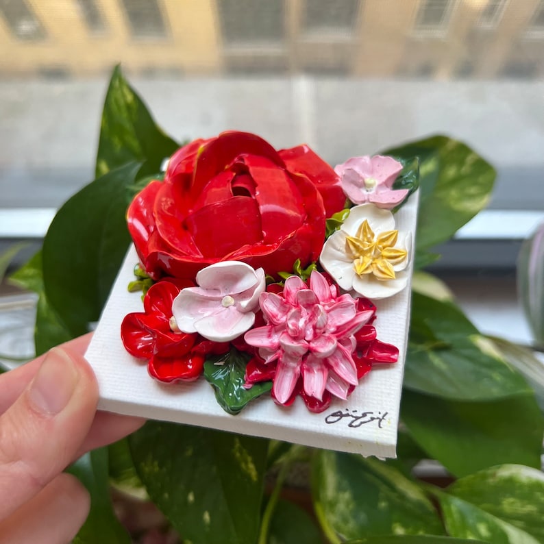 Rosalina Mini 3 fleurs peintes en 3D avec chevalet Fleurs florales en peinture acrylique Décoration d'intérieur Cadeau nuptiale pour bébé image 2
