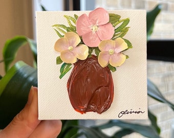 Getaway Car - 3" Mini Pink Hydrangea Flowers in Vase Terracotta with Easel - Acrylic Floral Painting - Bouquets - Wedding Gift - Home Decor