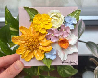 Sweet - 4" Mini - 3D Handmade Flowers with Easel - Acrylic Floral Painting - Wedding Bridal Baby Shower Gift - Home Decor