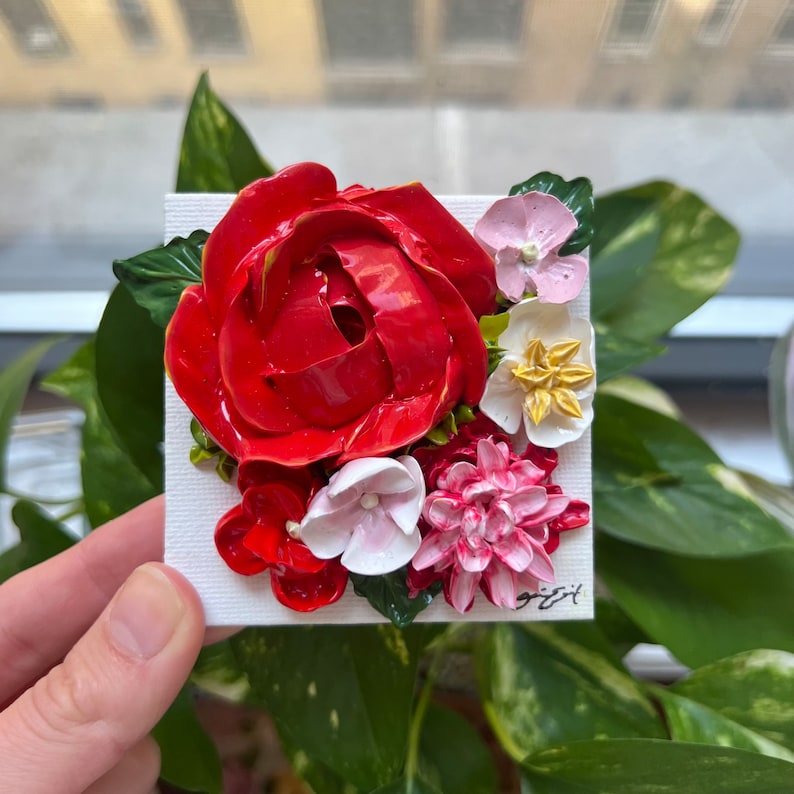 Rosalina Mini 3 fleurs peintes en 3D avec chevalet Fleurs florales en peinture acrylique Décoration d'intérieur Cadeau nuptiale pour bébé image 1