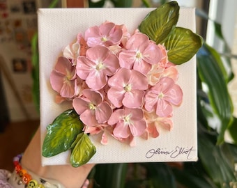Gloria - Mini 4 x 4" - composition florale peinture acrylique 3D - hortensia rose - décoration d'intérieur - cadeau de mariage baby shower