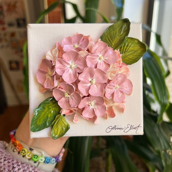 Gloria - Mini 4 x 4" - composition florale peinture acrylique 3D - hortensia rose - décoration d'intérieur - cadeau de mariage baby shower