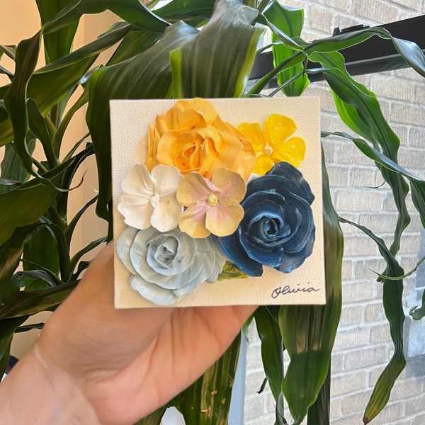 Einfach – 7,6 cm Mini-3D-Blumen mit Staffelei – Blau, Gelb, Weiß, Acryl-Blumengemälde, Blumenkomposition – Heimdekoration, Hochzeit, Baby