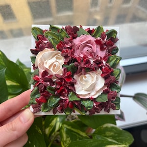 Burgundy - 4" Mini - Bouquet of Flowers in Vase with Easel - Acrylic Floral Painting - Wedding Bridal Baby Shower Gift - Home Decor