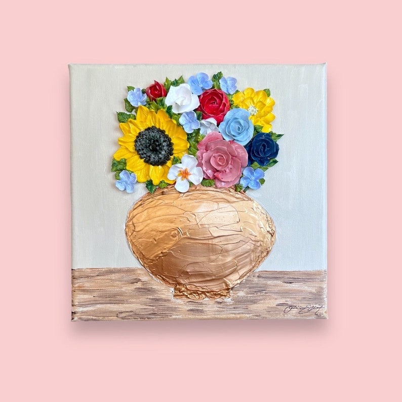 Killer Queen Large 10x10 Sunflower Rose Vase Acrylic 3D Flower Painting Home Decor image 4