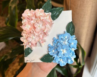 Hortensias azules y rosas II - Miniatura de 10 cm - Composición floral con pintura acrílica 3D - Decoración del hogar - Regalo de boda