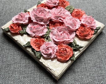 Bonbon acidulé - petit 6 x 6 po. - composition florale en peinture acrylique 3D - roses rose corail - décoration d'intérieur - cadeau de mariage