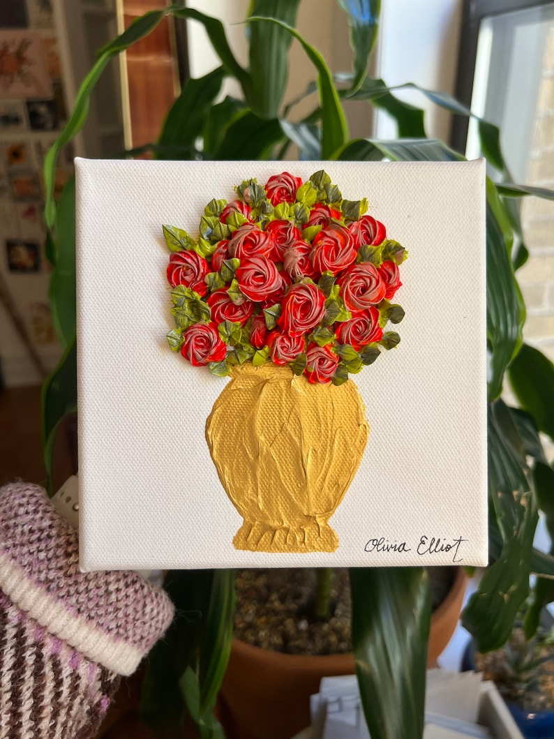 Rose Gold Vase Small 5x5 3D Acrylic Flower Painting Floral Composition