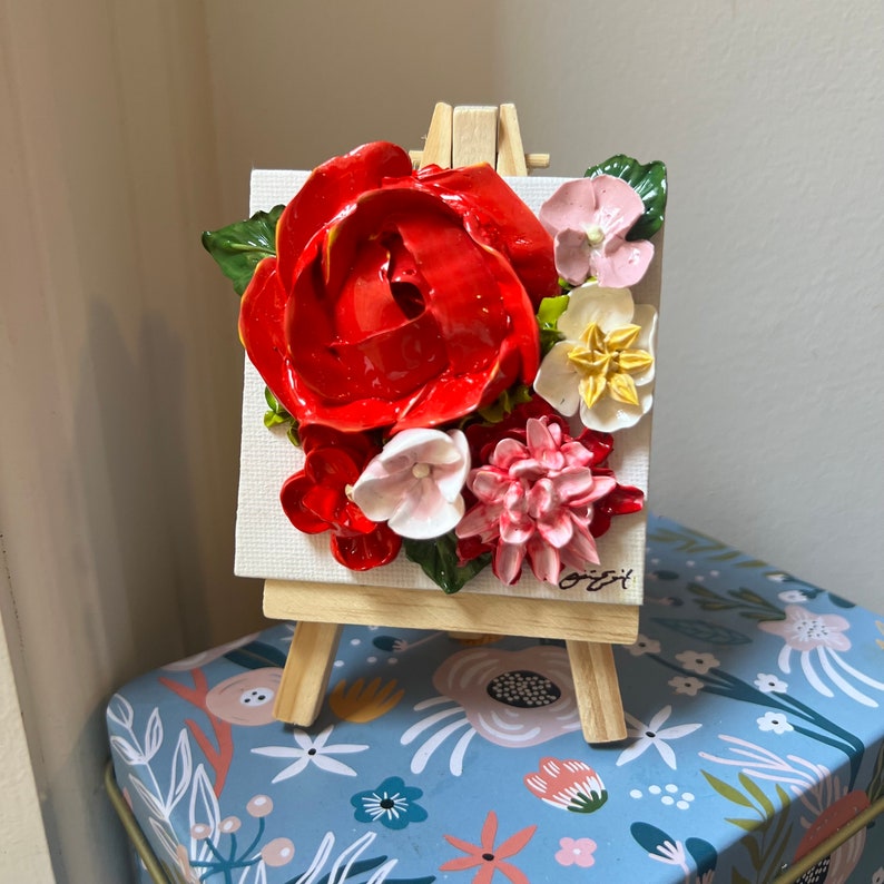 Rosalina Mini 3 fleurs peintes en 3D avec chevalet Fleurs florales en peinture acrylique Décoration d'intérieur Cadeau nuptiale pour bébé image 4