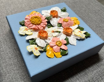 Rivières et routes - petit 6 x 6 po. - composition florale peinture acrylique 3D - jonquilles - décoration d'intérieur - cadeau de mariage