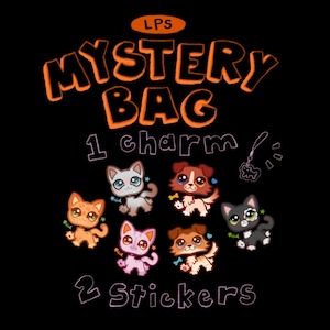 Puede incluir: Fondo negro con texto naranja que dice "LPS Mystery Bag". La imagen presenta seis figuras de animales de dibujos animados, incluyendo gatos y perros, con un dije y dos pegatinas. Los animales son de varios colores.
