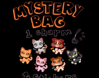 以下が含まれることがあります： 「LPS Mystery Bag」と書かれたオレンジ色の文字が特徴の黒い背景。猫や犬など、6匹の漫画の動物のキャラクターが描かれており、チャームと2つのステッカーが付いています。動物たちは様々な色をしています。