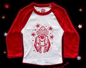 handmade "savior of the universe" raglan 3/4 sleeve tee! (cropped)
