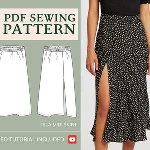 May include: PDF sewing pattern for an Isla midi skirt with a front slit. The pattern includes a video tutorial. The image shows a white line drawing of the skirt and a black and white polka dot skirt on a model.