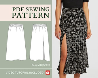 Midi Skirt with Elastic Waistband Sewing Pattern | US Sizes 2-18 (AUS 6-22) | Instant Download | Easy Digital PDF | Isla Midi Split Skirt
