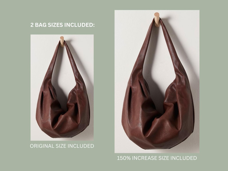 May include: Two brown leather handbags hanging on hooks. The text "2 BAG SIZES INCLUDED: ORIGINAL SIZE INCLUDED 150% INCREASE SIZE INCLUDED" is displayed below the handbags.