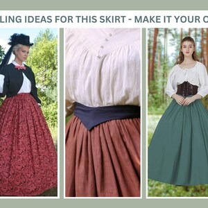 May include: Three different styling ideas for a long, full skirt. The first outfit features a red floral skirt with a black jacket and white blouse. The second outfit features a brown skirt with a white blouse and a black belt. The third outfit features a green skirt with a white blouse and a brown corset.