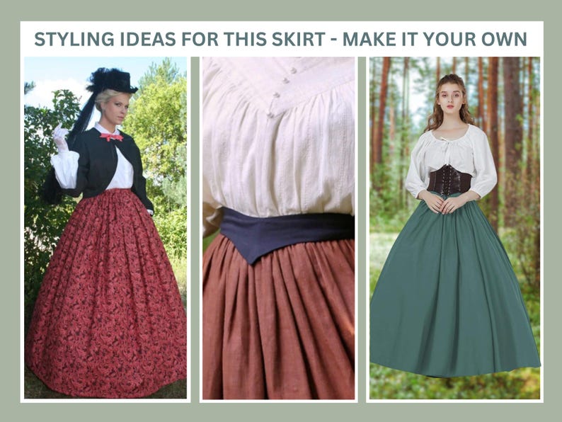 May include: Three different styling ideas for a long, full skirt. The first outfit features a red floral skirt with a black jacket and white blouse. The second outfit features a brown skirt with a white blouse and a black belt. The third outfit features a green skirt with a white blouse and a brown corset.