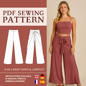 Patrón PDF de pantalón cruzado palazzo 8 en 1, top de mono, falda, patrón de pantalón ancho, tallas incluidas en EE. UU. 2 a 10 (Reino Unido/Australia 6 a 14), descarga instantánea