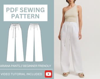 Pants Sewing Pattern PDF, Easy Sewing Pattern for Women's Linen Pants, High Waisted Wide-Leg Pants Trousers, Beginner Sewing Pattern