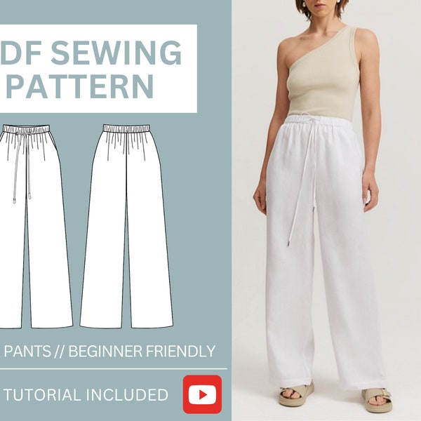 Patrón de costura de pantalones PDF, Patrón de costura fácil para pantalones de lino de mujer, Pantalones de pierna ancha de cintura alta, Patrón de costura para principiantes