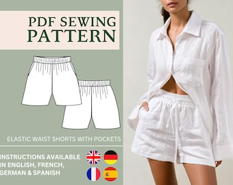 Patrón de shorts fáciles: shorts elásticos en PDF, patrón de shorts de lino, pantalones cortos, costura de shorts, patrón de costura para mujer, patrón de tallas grandes