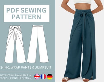 Patrón PDF de pantalones cruzados Palazzo 2 en 1 y mono con top halter, patrón de pantalones anchos, tallas incluidas tallas EE. UU. 2-10 (uk/aus 6-14) Descarga instantánea