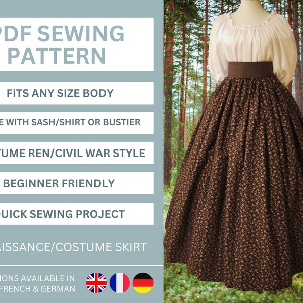 Renaissance Skirt Pattern, Maxi flare Skirt Sewing Pattern, PDF Pattern Reenactment Costume, Sewing Instructions Long Costume Skirt