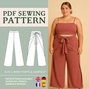 Molde PDF de calça Palazzo Wrap e macacão Halter Top 8 em 1, molde de calça larga, tamanhos inclusivos dos EUA 10-18 (Reino Unido/Austrália 14-22) PDF instantâneo